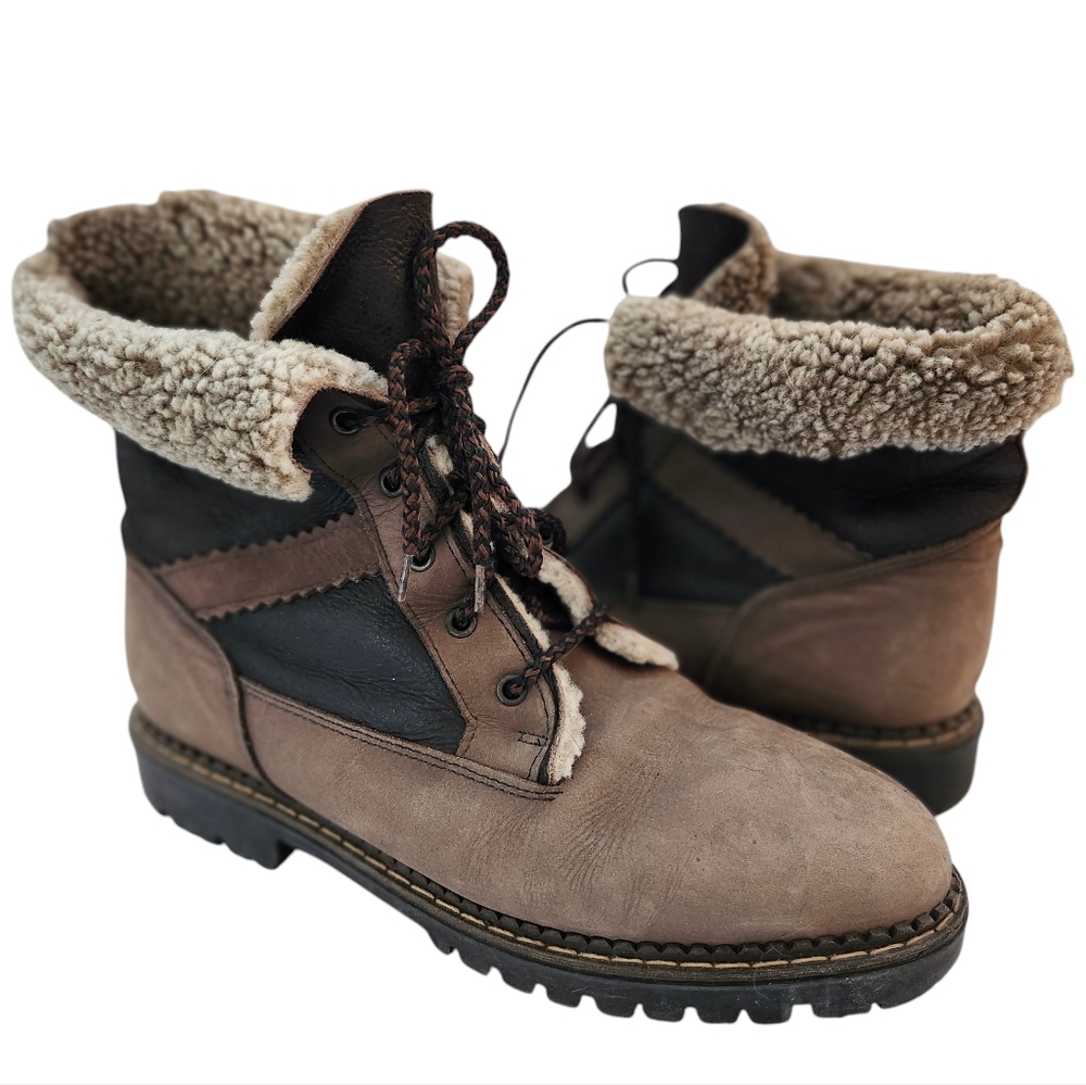Soft Suple Leather Brown Lace Up Boots Shearling Trim Comfy Warm Chunky Heel 9.5